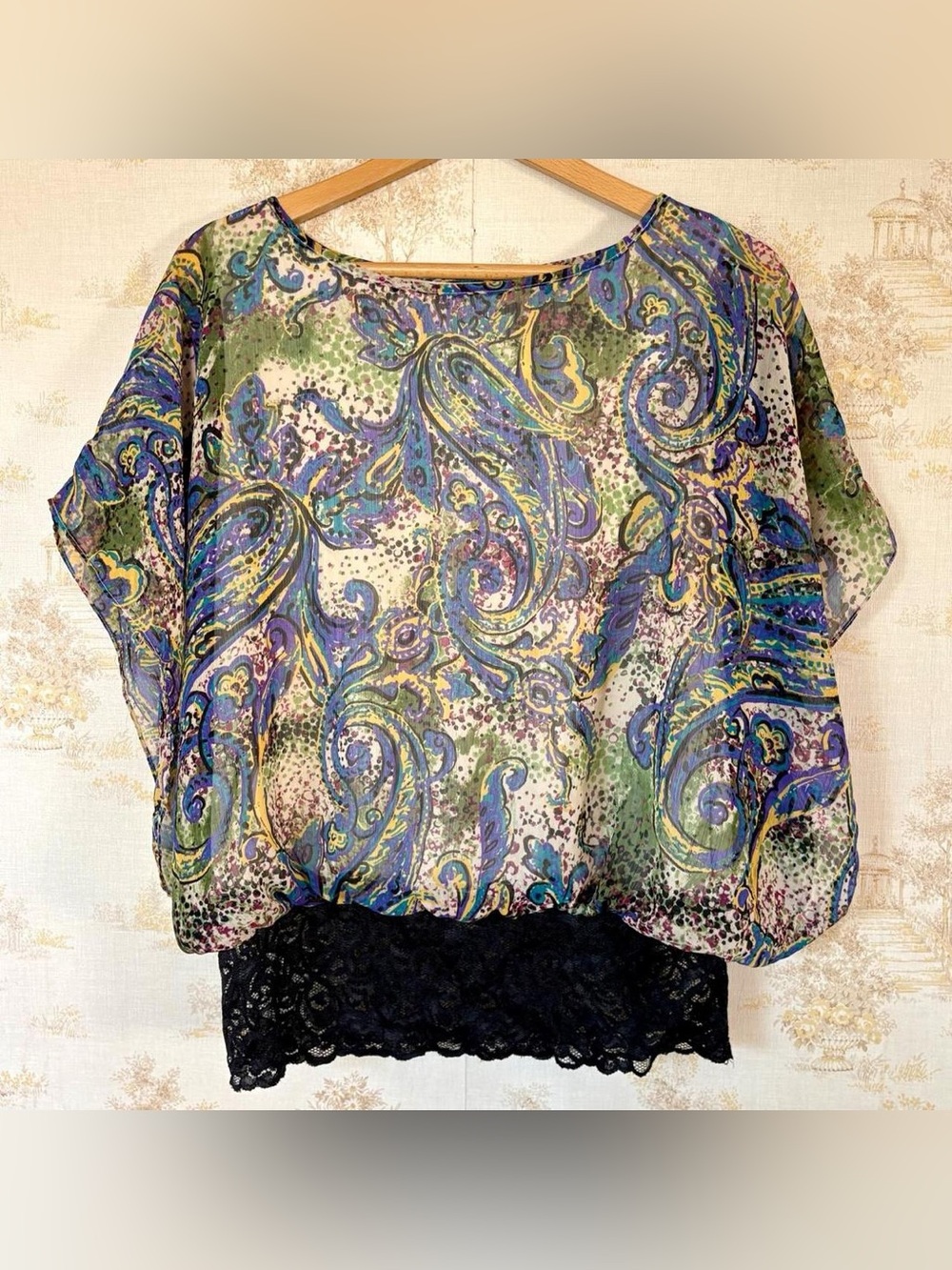 Vintage Y2K Dressbarn Boho Green Blue Sheer Paisley Lace Banded Going Out Top M